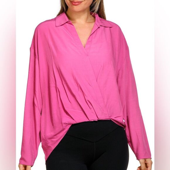 NWT Rachel Roy Women's solid long sleeve wrap front blouse in pink size medium - Picture 1 of 10